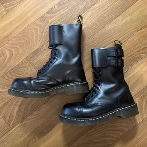 Dr. Martens Caden Combat Boot Steel Toe Tall Black Leather Double Buckle US 6M